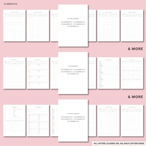 May include: A collection of white printable pet care trackers, pet management, and pet health trackers. The pages are arranged in a layout with the text "PLANRIGHTCO" at the top left and "& MORE" at the top right and bottom right. The bottom right corner has the text "A4, LETTER, CLASSIC HP, A5, HALF LETTER SIZES."