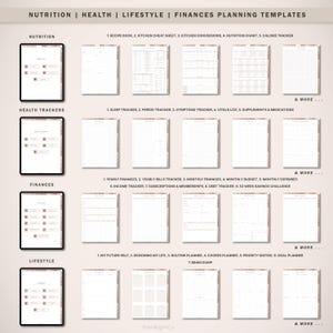 May include: A digital planner template with four categories: Nutrition, Health Trackers, Finances, and Lifestyle. Each category has a list of printable trackers and worksheets. The image includes the text "PlanlightCo".