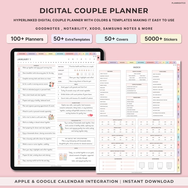 May include: A digital planner for couples with a pink and white colour scheme. The planner includes 100+ planners, 50+ extra templates, 50+ covers, and 5000+ stickers. The planner is compatible with Goodnotes, Notability, Xodo, Samsung Notes, and more. The planner also includes Apple and Google Calendar integration.