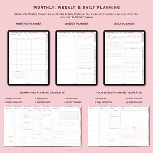 May include: A digital planner with six monthly and four weekly planning templates. The templates include a calendar, plan, goals, reflection, finance, trackers, schedule, and meal plan. The planner is designed to help you organize your year.