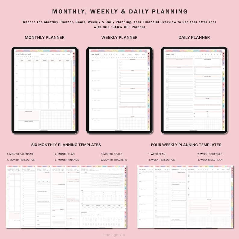 May include: A digital planner with six monthly and four weekly planning templates. The templates include a calendar, plan, goals, reflection, finance, trackers, schedule, and meal plan. The planner is designed to help you organize your year.