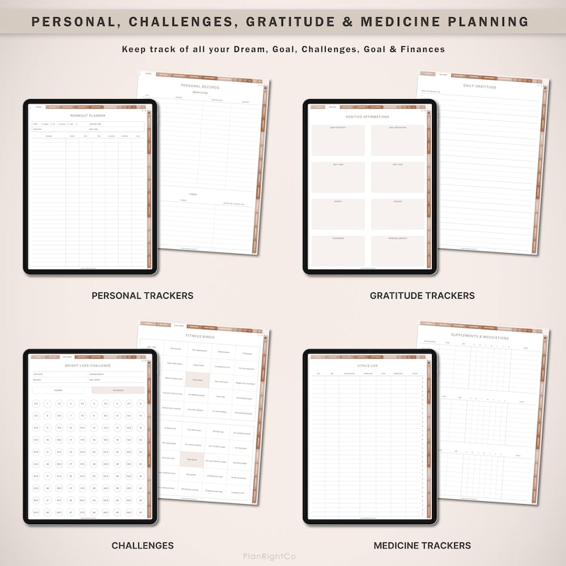 May include: A digital planner with sections for personal trackers, challenges, gratitude, and medicine planning. The planner has a brown and white color scheme and includes a variety of tables and grids for tracking information.
