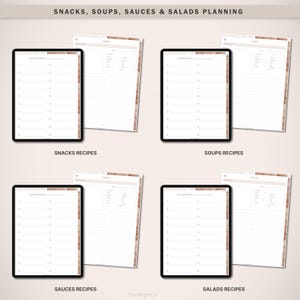 May include: Four digital planner pages for snacks, soups, sauces, and salads. Each page has a white background with a brown border and a title at the bottom.