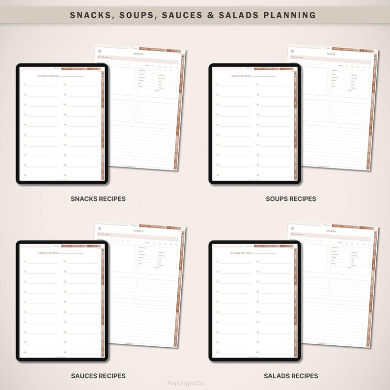 May include: Four digital planner pages for snacks, soups, sauces, and salads. Each page has a white background with a brown border and a title at the bottom.