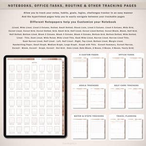 Op de afbeelding: Digitaal notitieboek met verschillende paginasjablonen voor het bijhouden van notities, gewoonten, doelen en meer. Bevat gelijnde, gestippelde, raster- en aangepaste pagina's. De tekst op de afbeelding luidt "NOTEBOOKS, OFFICE-TASKS, ROUTINE & OTHER TRACKING PAGES."