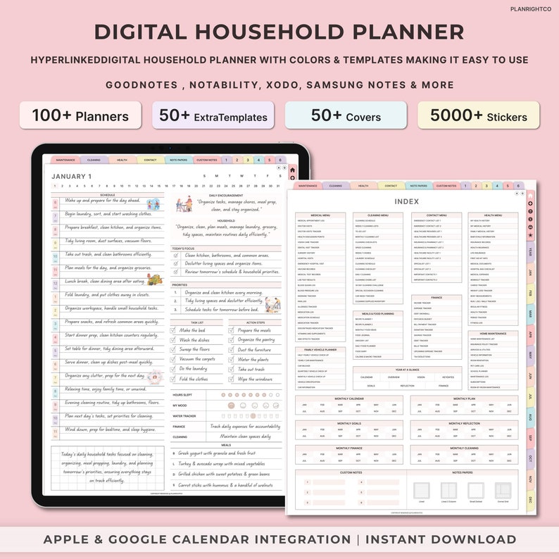 May include: A digital household planner with a colorful design. The planner includes a calendar, checklists, and a section for tracking daily expenses. The planner is compatible with Apple and Google Calendar and can be downloaded instantly.