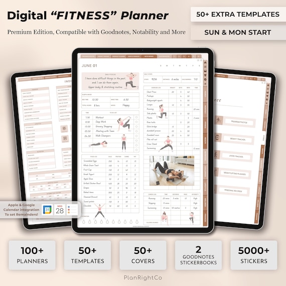 Digital Health & Fitness Planner, Digital Planner Workout Fitness Journal Meal Planner Weight Loss Tracker, GoodNotes Better Health Template