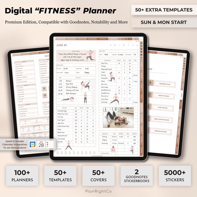 Op de afbeelding: Digitale fitnessplanner op drie tablets. De planner bevat dagelijkse logs, oefenkaarten en maaltijdtrackers. Het scherm toont "June 01" en "Upper body & stretching routine". Extra tekst omvat "50+ Extra Templates" en "100+ Planners".