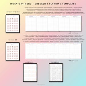May include: A digital planner template with three sections: Inventory Menu, Checklist, and Calendar. The Inventory Menu section lists various categories for inventorying household items, such as kitchen, living room, bedroom, bathroom, dining room, entryway, hallways, stairs, laundry room, closets, garage, attic, basement, home office, windows, doors, floors, walls, ceilings, light fixtures, carpets, upholstery, appliances, pantry, cupboards, shelves, mirrors, curtains, outdoor areas, and storage rooms. The Checklist section lists the same categories as the Inventory Menu section. The Calendar section is a blank calendar grid.