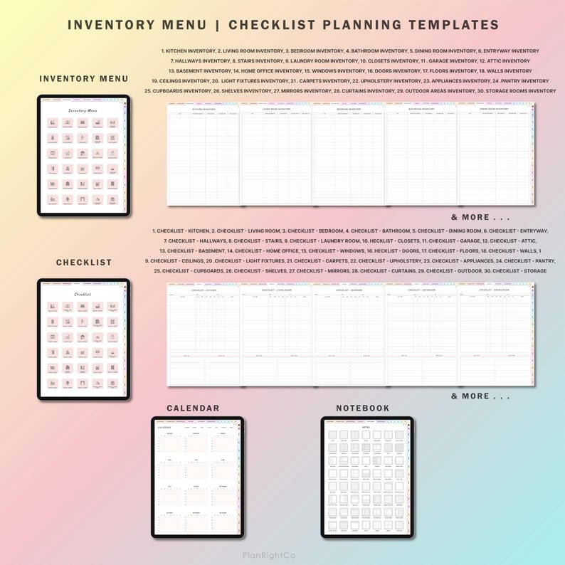 May include: A digital planner template with three sections: Inventory Menu, Checklist, and Calendar. The Inventory Menu section lists various categories for inventorying household items, such as kitchen, living room, bedroom, bathroom, dining room, entryway, hallways, stairs, laundry room, closets, garage, attic, basement, home office, windows, doors, floors, walls, ceilings, light fixtures, carpets, upholstery, appliances, pantry, cupboards, shelves, mirrors, curtains, outdoor areas, and storage rooms. The Checklist section lists the same categories as the Inventory Menu section. The Calendar section is a blank calendar grid.