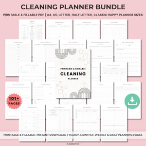 May include: A Cleaning Planner Bundle with printable and fillable PDF pages. The bundle includes yearly, monthly, weekly, and daily planning pages. The cover features the text "Cleaning Planner" with a minimalist design. Includes over 101 pages.