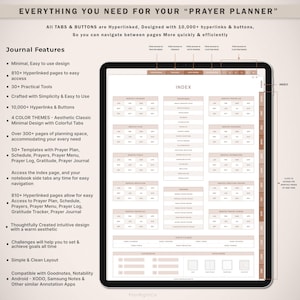 May include: A digital planner for prayer with a beige and brown color scheme. The planner features a monthly calendar, prayer schedule, prayer log, and gratitude tracker. The planner is designed with 10,000+ hyperlinks and buttons for easy navigation. The planner is compatible with Goodnotes, Notability, XODO, Samsung Notes, and other annotation apps.