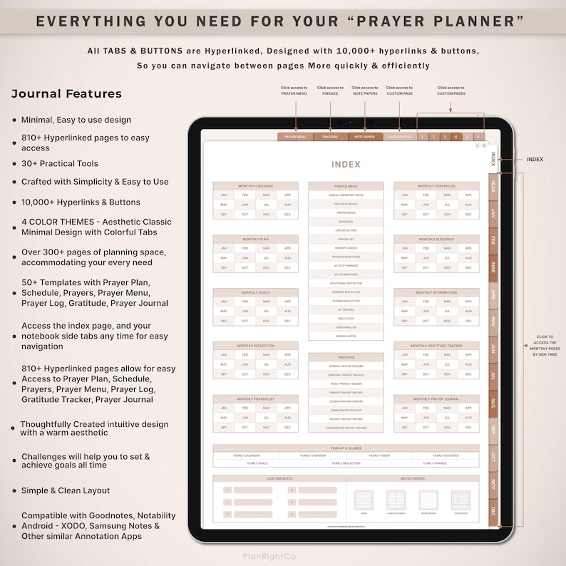 May include: A digital planner for prayer with a beige and brown color scheme. The planner features a monthly calendar, prayer schedule, prayer log, and gratitude tracker. The planner is designed with 10,000+ hyperlinks and buttons for easy navigation. The planner is compatible with Goodnotes, Notability, XODO, Samsung Notes, and other annotation apps.
