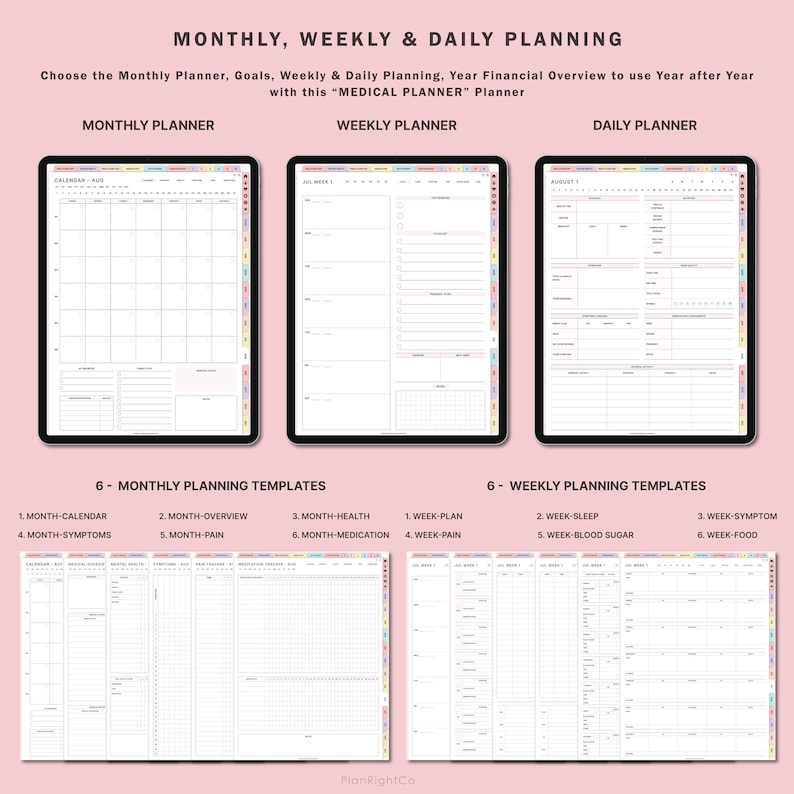 May include: A digital planner with three different layouts: monthly, weekly, and daily. The planner includes templates for tracking health, sleep, symptoms, medication, blood sugar, and food. The planner is designed to help users plan and track their health and wellness.