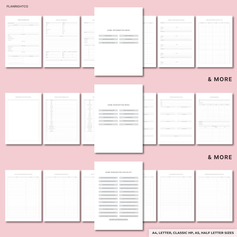 Puede incluir: Un conjunto de p&aacute;ginas de planificador imprimibles en blanco con textos como "Home Information Menu", "Home Renovation Menu" y "Home Renovation Checklist". Disponibles en tama&ntilde;os A4, Letter, Classic HP, A5 y Half Letter.