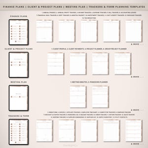 May include: A digital planner template with a brown and white colour scheme. The template includes sections for finance plans, client and project plans, meeting plans, and trackers and forms. The text "Finance Plans", "Client & Project Plans", "Meeting Plan", and "Trackers & Form Planning Templates" is displayed at the top of the image.