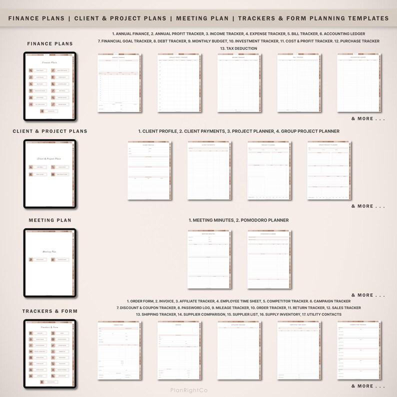 May include: A digital planner template with a brown and white colour scheme. The template includes sections for finance plans, client and project plans, meeting plans, and trackers and forms. The text "Finance Plans", "Client & Project Plans", "Meeting Plan", and "Trackers & Form Planning Templates" is displayed at the top of the image.