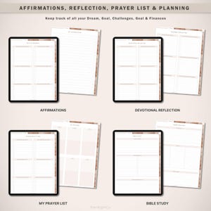 May include: A digital planner with sections for affirmations, devotional reflection, prayer list, and bible study. The planner has a brown and white color scheme and is designed to help users keep track of their dreams, goals, challenges, and finances.