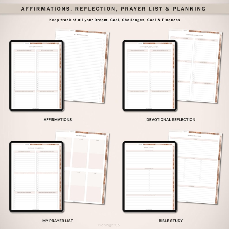May include: A digital planner with sections for affirmations, devotional reflection, prayer list, and bible study. The planner has a brown and white color scheme and is designed to help users keep track of their dreams, goals, challenges, and finances.