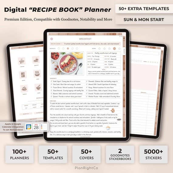 Digital Recipe Book for GoodNotes, Notability, Digital Meal Planner, iPad Recipe Journal, Digital Cookbook, Recipe Book Template, Grocery