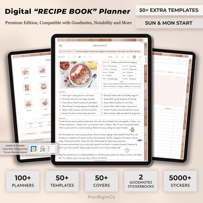 Op de afbeelding: Digitale receptenboekplanner met 50+ extra sjablonen. De digitale planner is compatibel met Goodnotes, Notability en meer. De afbeelding toont een recept voor een gezonde smoothie bowl met toppings. Inclusief 100+ planners, 50+ sjablonen, 50+ covers en 5000+ stickers.