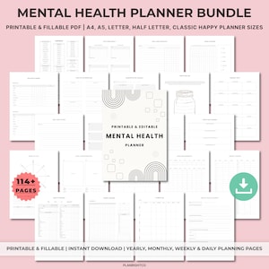 Puede incluir: Un paquete de páginas imprimibles de planificador de salud mental. La portada presenta un diseño minimalista con el texto "Mental Health Planner". El paquete incluye más de 114 páginas para planificación anual, mensual, semanal y diaria.