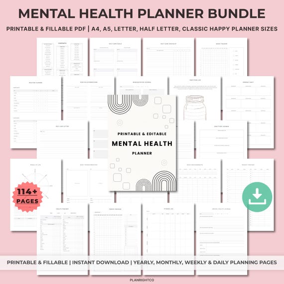 Mental Health Planner Printable | Self-Care Workbook, Anxiety Journal, Mood Tracker, Therapy Worksheets, Mindfulness & Wellness Binder