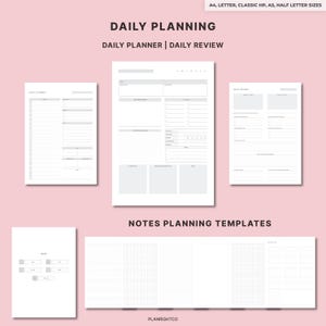 May include: A set of daily planning and notes templates on a light pink background. The sheets feature sections for daily schedules, to-do lists, and grid layouts. Text includes DAILY PLANNING, DAILY PLANNER, DAILY REVIEW, and NOTES PLANNING TEMPLATES.