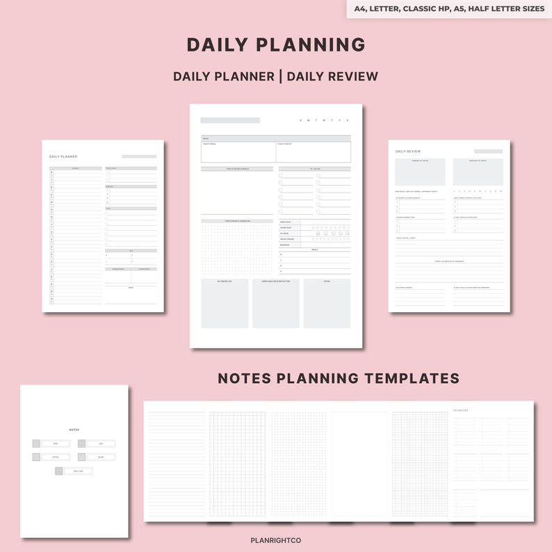 May include: A set of daily planning and notes templates on a light pink background. The sheets feature sections for daily schedules, to-do lists, and grid layouts. Text includes DAILY PLANNING, DAILY PLANNER, DAILY REVIEW, and NOTES PLANNING TEMPLATES.