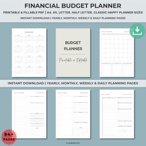 May include: A financial budget planner with printable and fillable PDF pages. The planner includes yearly, monthly, weekly, and daily planning pages. The text on the image says "Budget Planner" and "Printable & Editable".