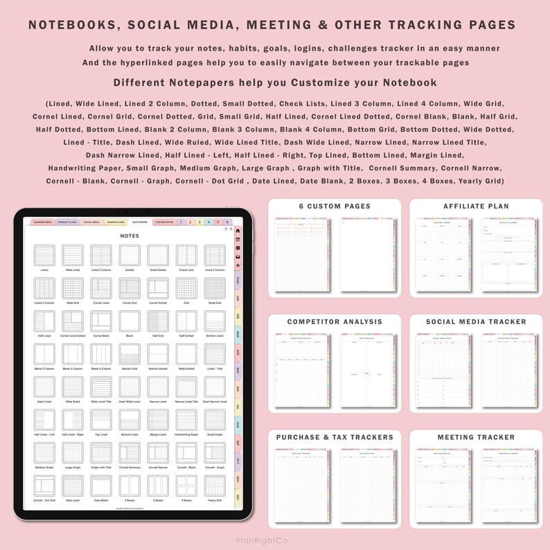 May include: A digital tablet displaying a variety of notebook page templates. The templates include different grid styles, lined pages, and blank pages. The text on the screen reads "NOTEBOOKS, SOCIAL MEDIA, MEETING & OTHER TRACKING PAGES" and "Different Notepapers help you Customize your Notebook".