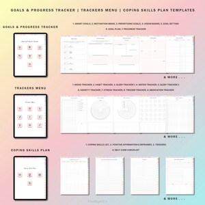 May include: A digital planner with a pink and white color scheme. The planner includes sections for goals and progress tracking, trackers, and coping skills plans. The planner is designed to help users track their progress towards their goals, manage their mental health, and develop coping skills.