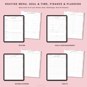 May include: Four digital planners on a pink background. The planners are for routine, goal and time management, income and expense, and health. Each planner has a white background with black text and lines.