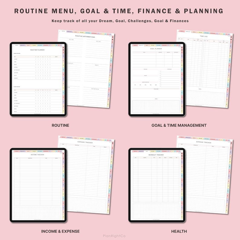 May include: Four digital planners on a pink background. The planners are for routine, goal and time management, income and expense, and health. Each planner has a white background with black text and lines.