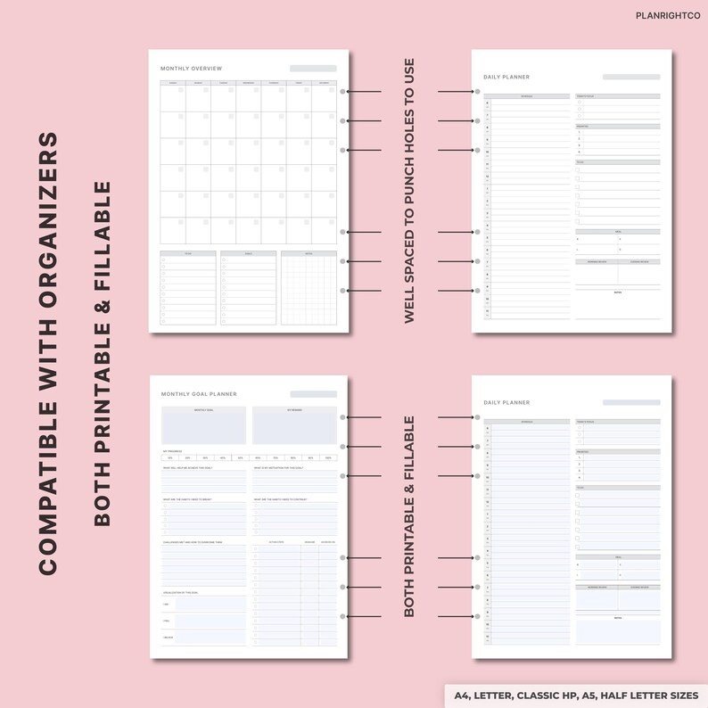 May include: A collection of printable planner pages in various sizes, including monthly overviews, daily planners, and goal planners. The pages are designed to be compatible with organizers and are fillable. The text includes "Compatible with Organizers" and "Both Printable & Fillable."