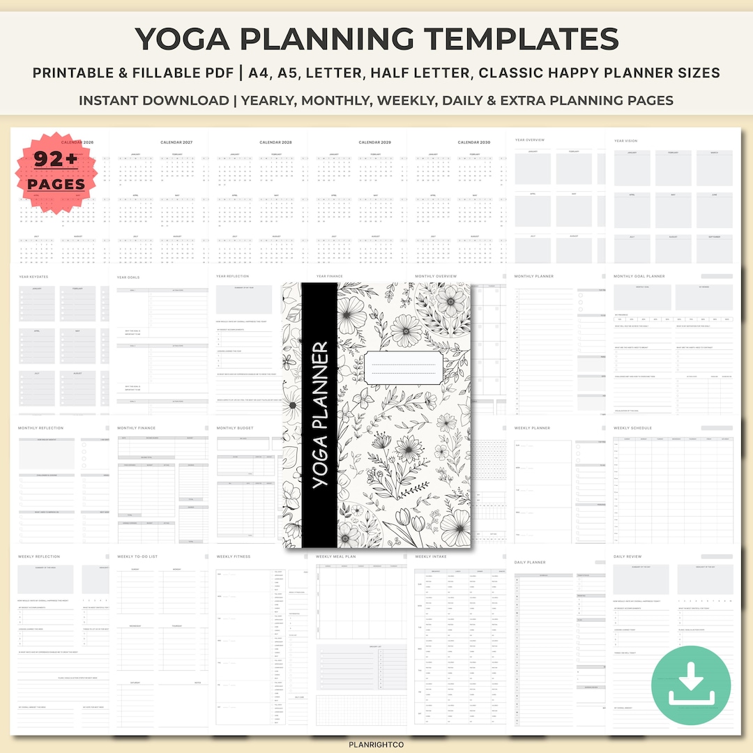 Printable Yoga Planner & Journal | Undated Practice Log, Meditation ...