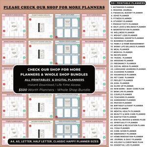 May include: A promotional image showcasing a variety of printable and digital planners. The image features a grid of planner templates, with titles like "Notebook Planner Bundle" and "Weight Loss Planner." Text promotes a whole shop bundle with over 50 planner options.