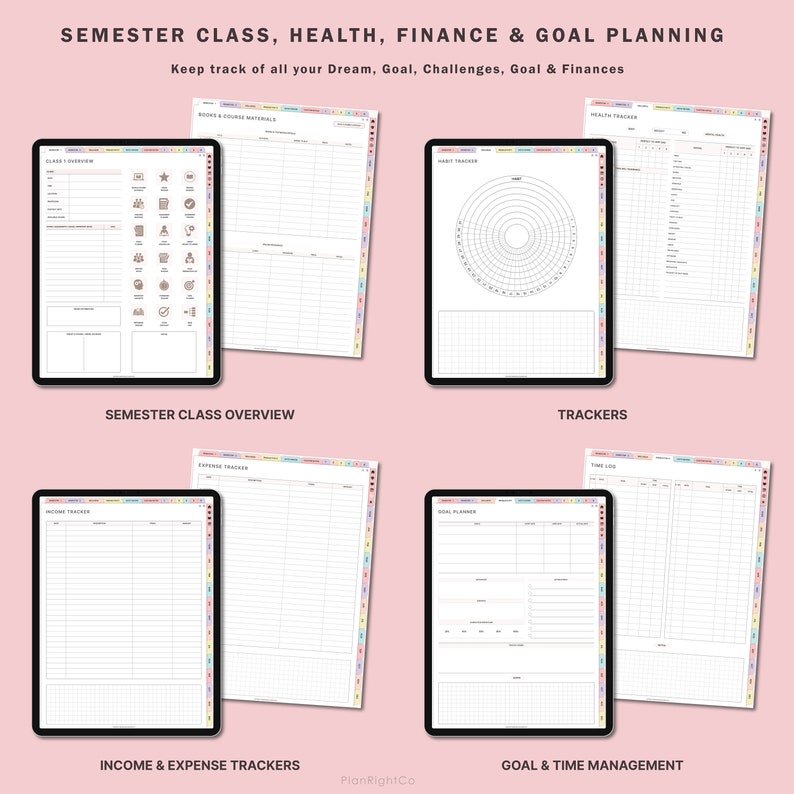 May include: A set of printable digital planner pages for semester class, health, finance, and goal planning. The pages are designed to help you keep track of your dreams, goals, challenges, and finances. The pages are in black and white with a colorful border.