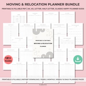 May include: A printable and fillable moving and relocation planner bundle. The bundle includes over 131 pages of yearly, monthly, weekly, and daily planning pages. The planner is available in A4, A5, Letter, Half Letter, and Classic Happy Planner sizes.