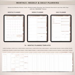 May include: A digital planner with 14 monthly planning templates, including a calendar, plan, review, goals, reflection, budget, income tracker, expense tracker, bills tracker, sales tracker, orders tracker, return tracker, follow up tracker, and profit tracker. The planner is designed for business use and includes weekly and daily planner pages.