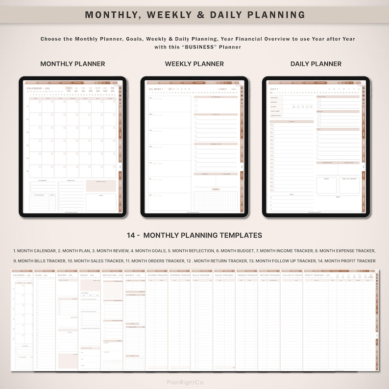 May include: A digital planner with 14 monthly planning templates, including a calendar, plan, review, goals, reflection, budget, income tracker, expense tracker, bills tracker, sales tracker, orders tracker, return tracker, follow up tracker, and profit tracker. The planner is designed for business use and includes weekly and daily planner pages.