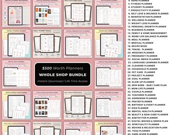 May include: A digital planner bundle featuring 150+ templates on a pink background. The image displays various planner types including student, fitness, and budget planners, with a list of 50 categories and text stating 150+ Life Changing Digital Planners.