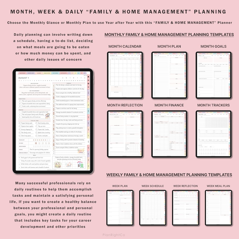 May include: A pink and white printable planner with the text "MONTH, WEEK & DAILY "FAMILY & HOME MANAGEMENT" PLANNING" at the top. The planner includes templates for monthly and weekly planning, including calendar, goals, finance, reflection, and meal planning.