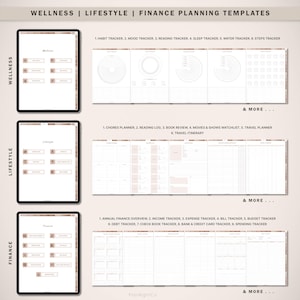 Op de afbeelding: Digitale planning templates voor wellness, lifestyle en financi&euml;n. De afbeelding toont drie tablets met verschillende trackers, waaronder gewoontes, stemming, lezen en slaap trackers. Andere sjablonen omvatten takenplanner, leeslogboek en financi&euml;le overzichten.