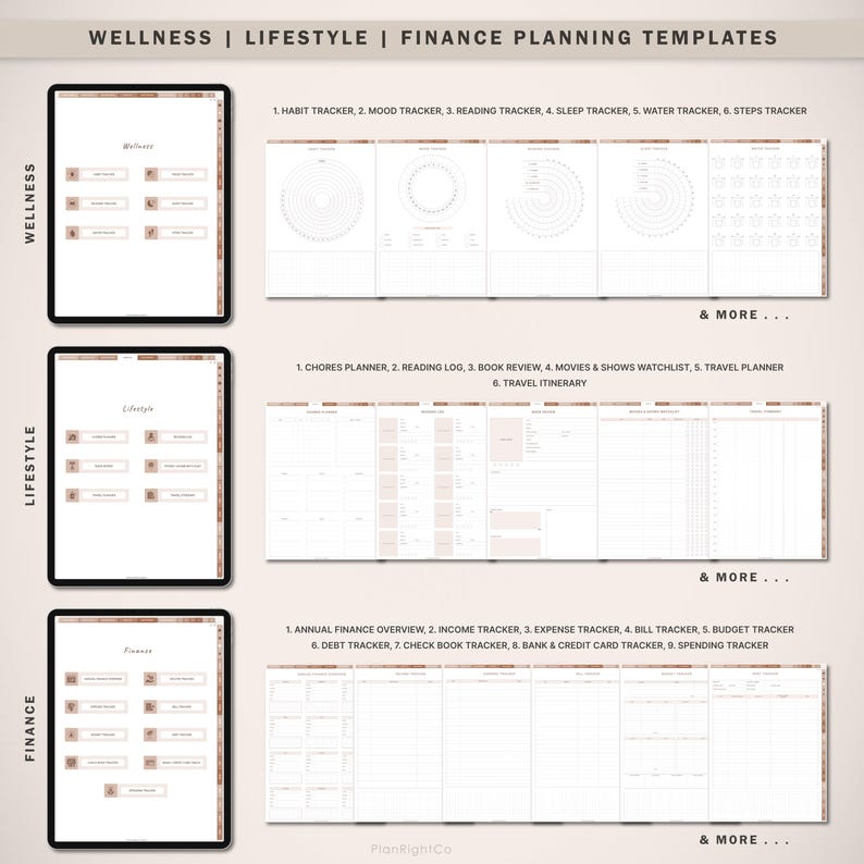 Op de afbeelding: Digitale planning templates voor wellness, lifestyle en financi&euml;n. De afbeelding toont drie tablets met verschillende trackers, waaronder gewoontes, stemming, lezen en slaap trackers. Andere sjablonen omvatten takenplanner, leeslogboek en financi&euml;le overzichten.