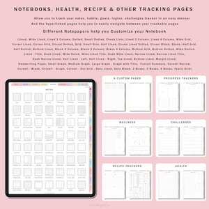 May include: A digital tablet screen displaying a variety of notebook page templates. The templates include different grid styles, lined paper, and graph paper. The text on the screen reads "Notebooks, Health, Recipe & Other Tracking Pages".