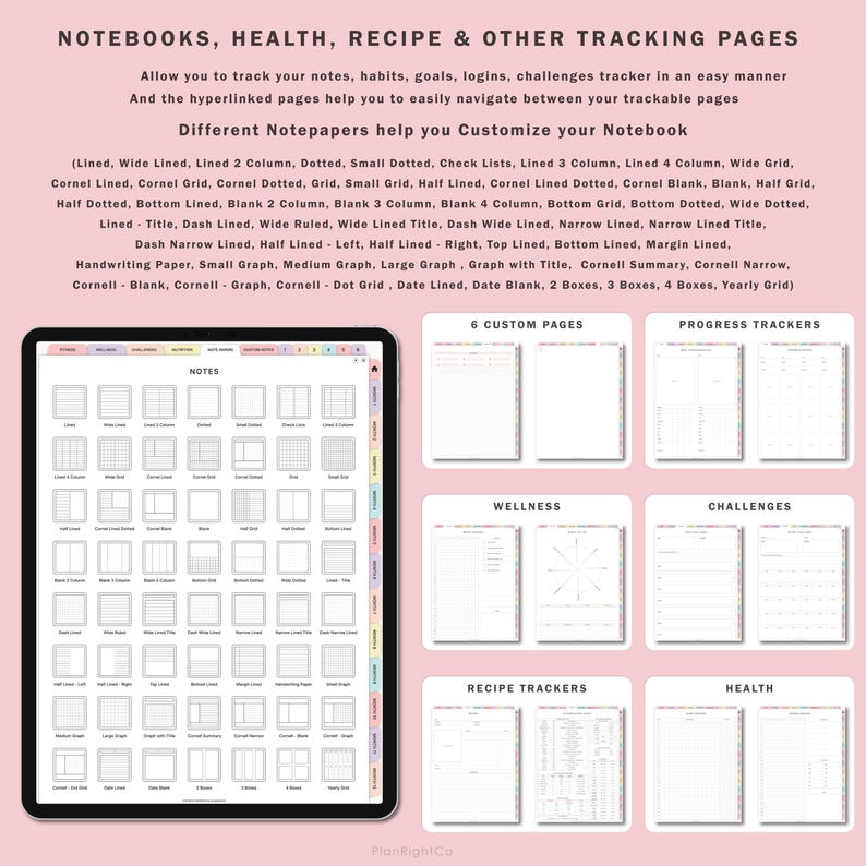May include: A digital tablet screen displaying a variety of notebook page templates. The templates include different grid styles, lined paper, and graph paper. The text on the screen reads "Notebooks, Health, Recipe & Other Tracking Pages".