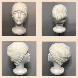May include: White crocheted beanie hat on a white mannequin head. The hat is shown from four different angles.