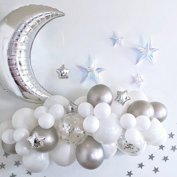 Twinkle Little Star Balloon Garland Kit, DIY Star and Moon Balloon Arch, White and Silver Outer Space Theme Balloon Decoration