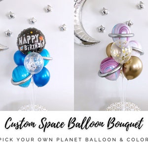 Custom Outer Space Planet Balloon Bouquet Set w/ Balloon Stand, Pick Your Own Color Two the Moon Birthday Balloon Set w/ Confetti Balloons